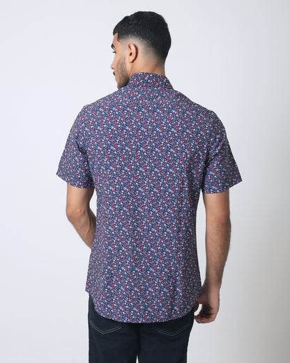 Quieti Performance Navy Floral Print, Short Sleeve Woven Shirt