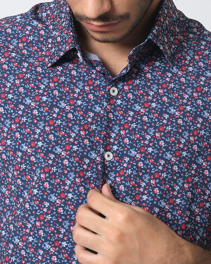 Quieti Performance Navy Floral Print, Short Sleeve Woven Shirt