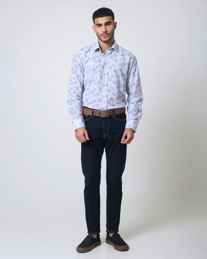 Quieti Modern Fit, Light Blue Floral Print, Long Sleeve Woven Shirt