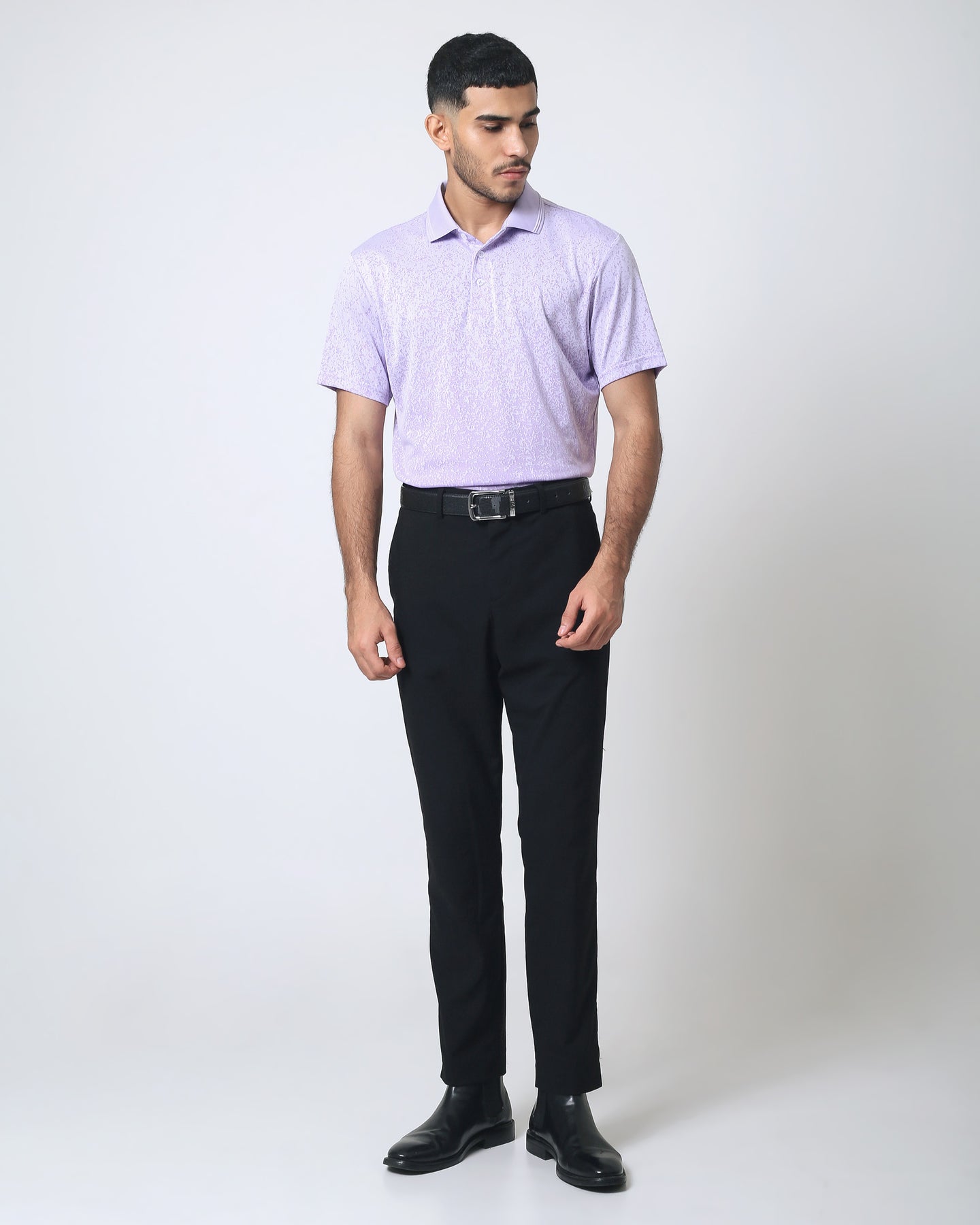 Quieti Performance Regular Fit, Solid Lavender Single jacquard Knit, 3 button Polo with Flat knit Collar