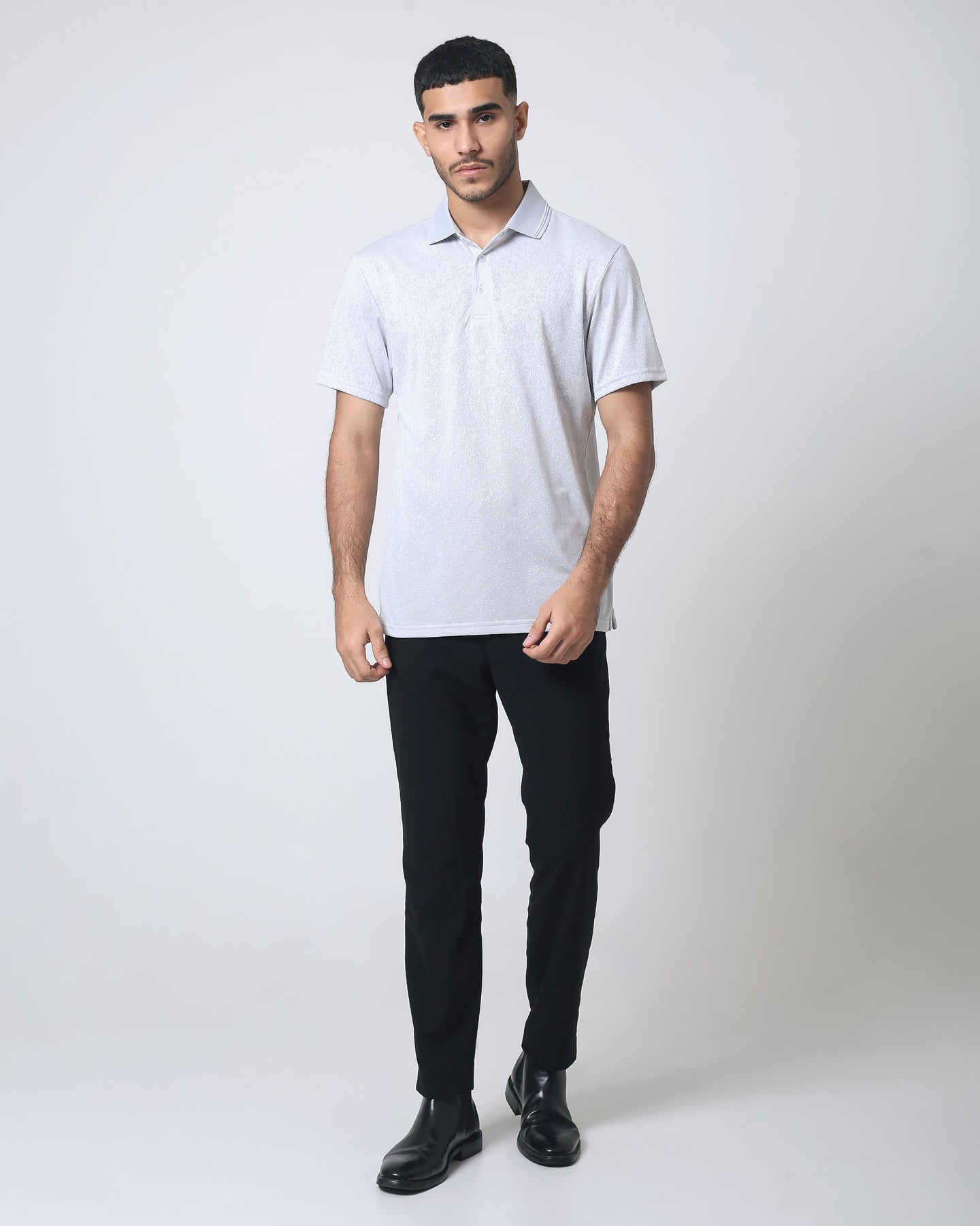 Quieti Performance Regular Fit, Solid Lt. Grey Single jacquard Knit, 3 button Polo with Flat knit Collar