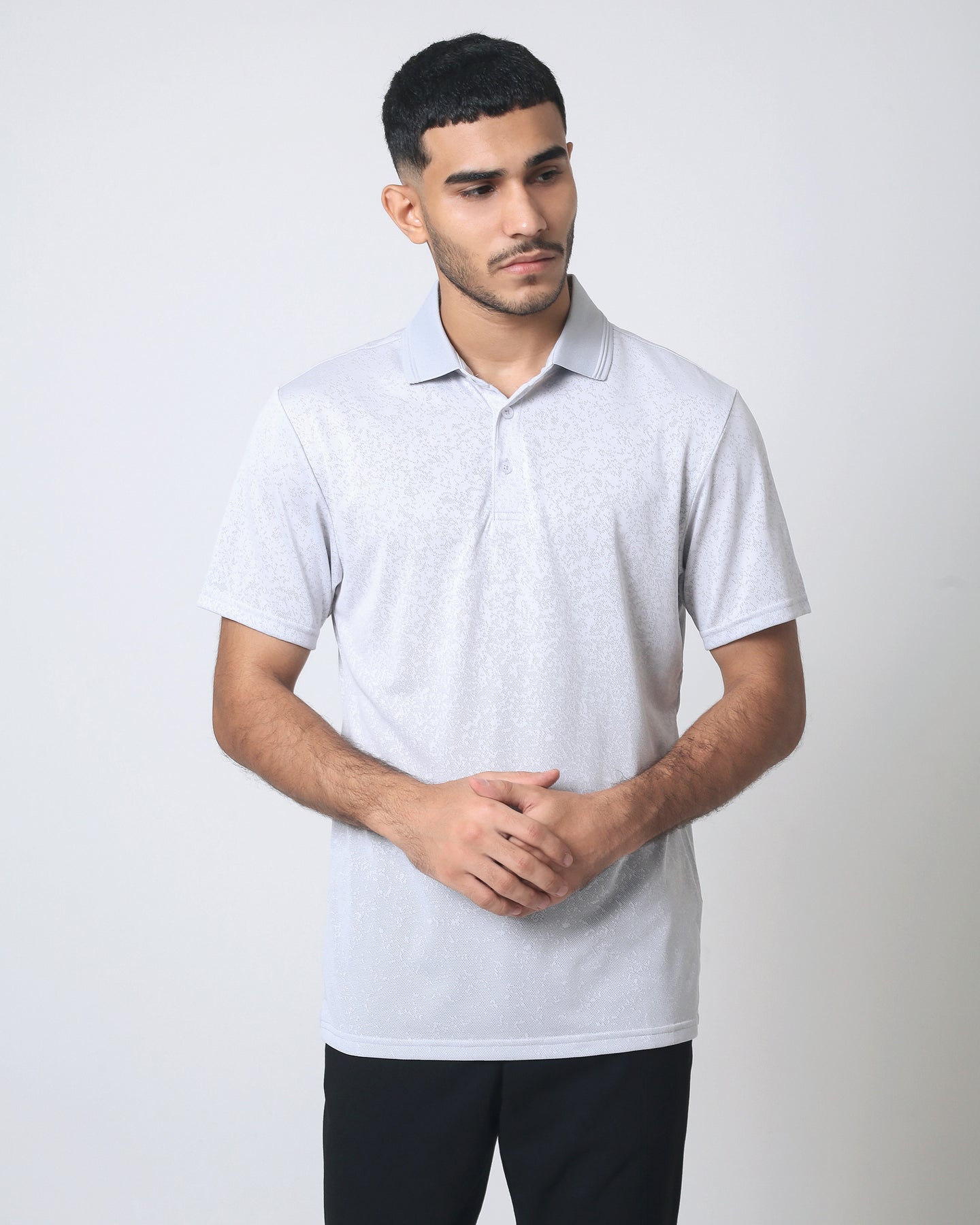 Quieti Performance Regular Fit, Solid Lt. Grey Single jacquard Knit, 3 button Polo with Flat knit Collar