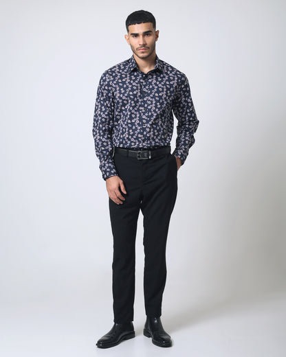 Quieti Navy leves Print, Long Sleeve Woven Shirt