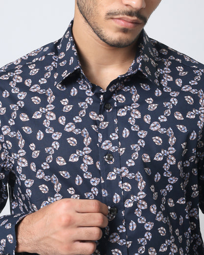 Quieti Navy leves Print, Long Sleeve Woven Shirt