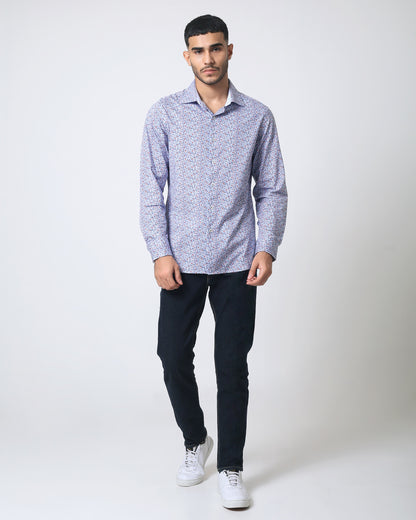 Quieti Modern Fit, Blue mini Floral print, Long Sleeve Knit Shirt in Woven style