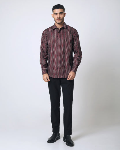 Quieti Burgundy Flock Print, Long Sleeve stretch Woven Shirt