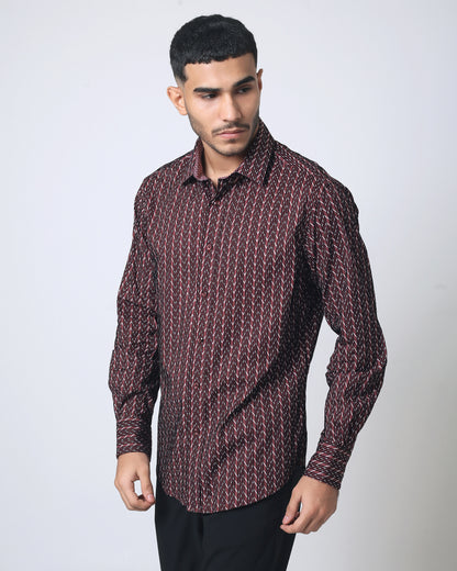 Quieti Burgundy Flock Print, Long Sleeve stretch Woven Shirt