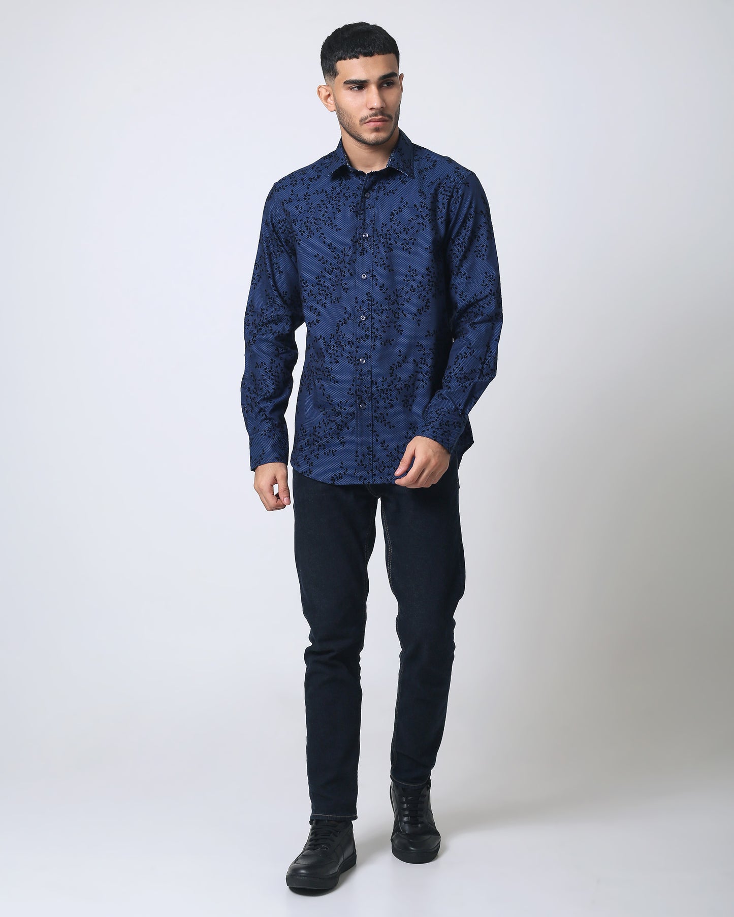 Quieti Navy Paisley Flock Print, Long Sleeve Woven Shirt