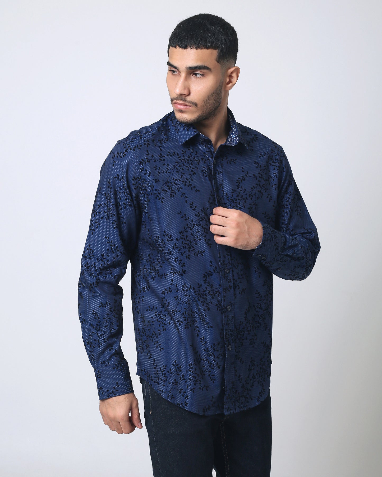 Quieti Navy Paisley Flock Print, Long Sleeve Woven Shirt