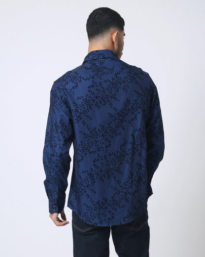 Quieti Navy Paisley Flock Print, Long Sleeve Woven Shirt